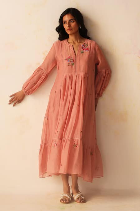 Begum Peach Chanderi, Cotton Embroidery Open Neck Chinaar Floral Dress With Slip Online at Aza Fashions Begum_Peach Chanderi, Cotton Embroidery Open Neck Chinaar Floral Dress With Slip _Online_at_Aza_Fashions