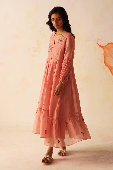 Buy Begum Peach Chanderi, Cotton Embroidery Open Neck Chinaar Floral Dress With Slip Online at Aza Fashions Buy_Begum_Peach Chanderi, Cotton Embroidery Open Neck Chinaar Floral Dress With Slip _Online_at_Aza_Fashions