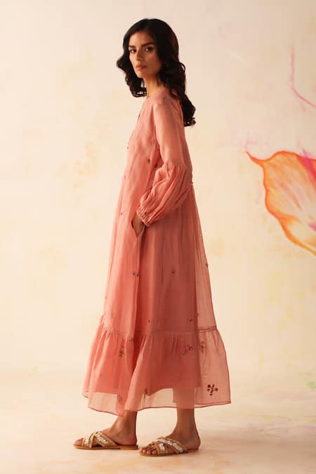 Shop Begum Peach Chanderi, Cotton Embroidery Open Neck Chinaar Floral Dress With Slip Online at Aza Fashions Shop_Begum_Peach Chanderi, Cotton Embroidery Open Neck Chinaar Floral Dress With Slip _Online_at_Aza_Fashions