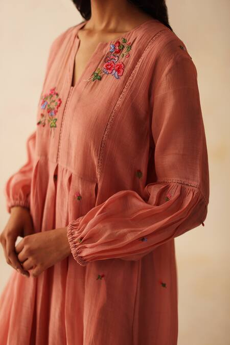 Begum Peach Chanderi, Cotton Embroidery Open Neck Chinaar Floral Dress With Slip at Aza Fashions Begum_Peach Chanderi, Cotton Embroidery Open Neck Chinaar Floral Dress With Slip _at_Aza_Fashions