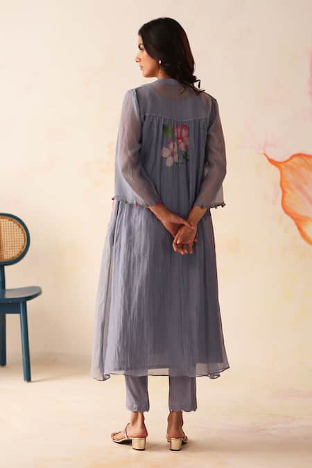 Shop Begum Blue Chanderi Silk, Cotton Embroidery Split V-neck Kesar Hand Kurta Pant Set at Aza Fashions Shop_Begum_Blue Chanderi Silk, Cotton Embroidery Split V-neck Kesar Hand Kurta Pant Set _at_Aza_Fashions