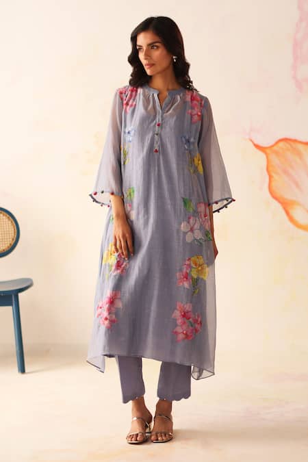 Begum Blue Chanderi Silk, Cotton Embroidery Split V-neck Kesar Hand Kurta Pant Set Online at Aza Fashions Begum_Blue Chanderi Silk, Cotton Embroidery Split V-neck Kesar Hand Kurta Pant Set _Online_at_Aza_Fashions