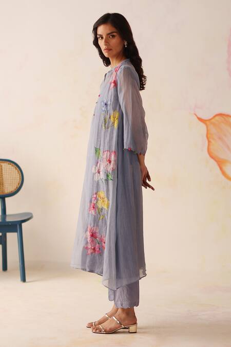 Buy Begum Blue Chanderi Silk, Cotton Embroidery Split V-neck Kesar Hand Kurta Pant Set Online at Aza Fashions Buy_Begum_Blue Chanderi Silk, Cotton Embroidery Split V-neck Kesar Hand Kurta Pant Set _Online_at_Aza_Fashions