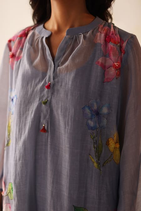 Shop Begum Blue Chanderi Silk, Cotton Embroidery Split V-neck Kesar Hand Kurta Pant Set Online at Aza Fashions Shop_Begum_Blue Chanderi Silk, Cotton Embroidery Split V-neck Kesar Hand Kurta Pant Set _Online_at_Aza_Fashions