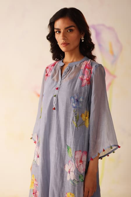Begum Blue Chanderi Silk, Cotton Embroidery Split V-neck Kesar Hand Kurta Pant Set at Aza Fashions Begum_Blue Chanderi Silk, Cotton Embroidery Split V-neck Kesar Hand Kurta Pant Set _at_Aza_Fashions