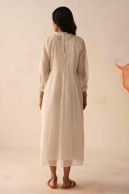 Shop Begum Ivory Chanderi, Cotton Embroidery High Neck Khubani Hand Dress With Slip at Aza Fashions Shop_Begum_Ivory Chanderi, Cotton Embroidery High Neck Khubani Hand Dress With Slip _at_Aza_Fashions