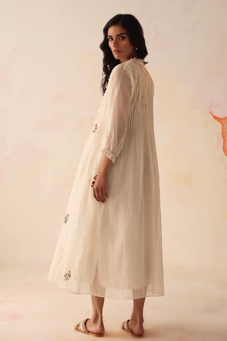 Begum Ivory Chanderi, Cotton Embroidery High Neck Khubani Hand Dress With Slip Online at Aza Fashions Begum_Ivory Chanderi, Cotton Embroidery High Neck Khubani Hand Dress With Slip _Online_at_Aza_Fashions