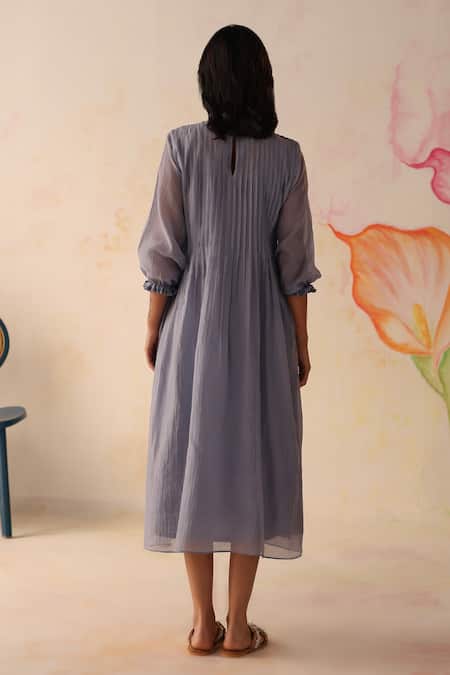Shop Begum Blue Chanderi, Cotton Embroidery High Neck Khubani Dress With Slip at Aza Fashions Shop_Begum_Blue Chanderi, Cotton Embroidery High Neck Khubani Dress With Slip _at_Aza_Fashions