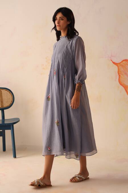 Begum Blue Chanderi, Cotton Embroidery High Neck Khubani Dress With Slip Online at Aza Fashions Begum_Blue Chanderi, Cotton Embroidery High Neck Khubani Dress With Slip _Online_at_Aza_Fashions
