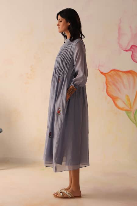 Buy Begum Blue Chanderi, Cotton Embroidery High Neck Khubani Dress With Slip Online at Aza Fashions Buy_Begum_Blue Chanderi, Cotton Embroidery High Neck Khubani Dress With Slip _Online_at_Aza_Fashions