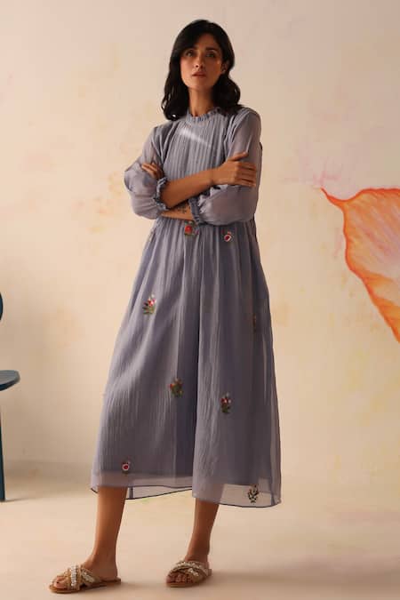 Shop Begum Blue Chanderi, Cotton Embroidery High Neck Khubani Dress With Slip Online at Aza Fashions Shop_Begum_Blue Chanderi, Cotton Embroidery High Neck Khubani Dress With Slip _Online_at_Aza_Fashions