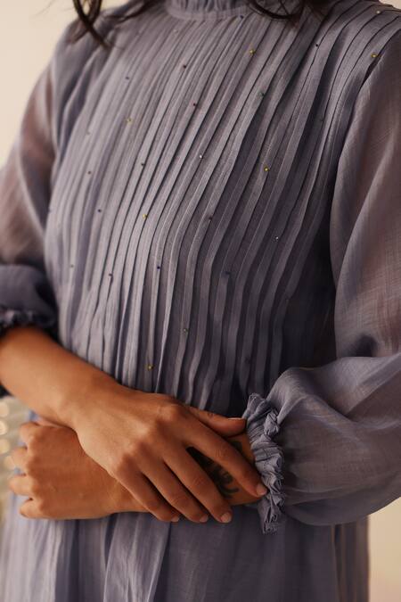 Begum Blue Chanderi, Cotton Embroidery High Neck Khubani Dress With Slip at Aza Fashions Begum_Blue Chanderi, Cotton Embroidery High Neck Khubani Dress With Slip _at_Aza_Fashions