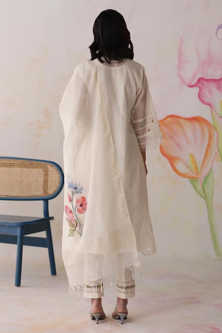 Shop Begum Ivory Silk, Cotton, Embroidery Collared Mogra Hand Kurta Set at Aza Fashions Shop_Begum_Ivory Silk, Cotton, Embroidery Collared Mogra Hand Kurta Set _at_Aza_Fashions