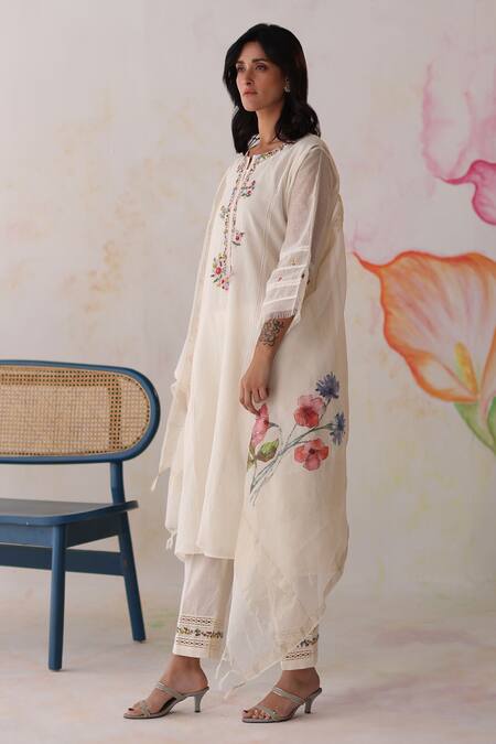 Begum Ivory Silk, Cotton, Embroidery Collared Mogra Hand Kurta Set Online at Aza Fashions Begum_Ivory Silk, Cotton, Embroidery Collared Mogra Hand Kurta Set _Online_at_Aza_Fashions
