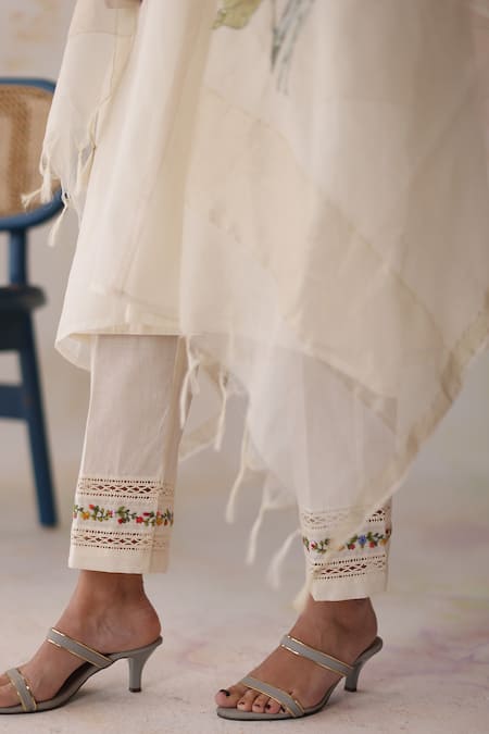 Shop Begum Ivory Silk, Cotton, Embroidery Collared Mogra Hand Kurta Set Online at Aza Fashions Shop_Begum_Ivory Silk, Cotton, Embroidery Collared Mogra Hand Kurta Set _Online_at_Aza_Fashions