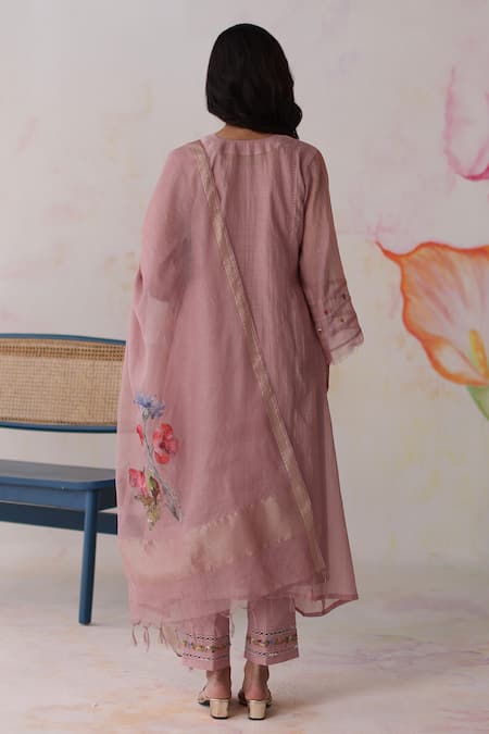 Shop Begum Pink Silk, Cotton, Applique, Mogra Hand Kurta Pant Set at Aza Fashions Shop_Begum_Pink Silk, Cotton, Applique, Mogra Hand Kurta Pant Set _at_Aza_Fashions