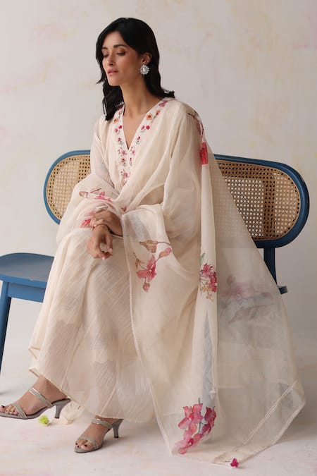 Begum Ivory Silk, Cotton, Beads, Embroidery Nargis Hand Kurta Set at Aza Fashions Begum_Ivory Silk, Cotton, Beads, Embroidery Nargis Hand Kurta Set _at_Aza_Fashions