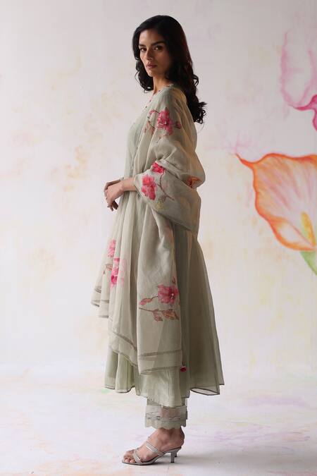 Buy_Begum_Green Silk, Cotton, Embroidery, Nargis Hand Kurta Pant Set_Online_at_Aza_Fashions