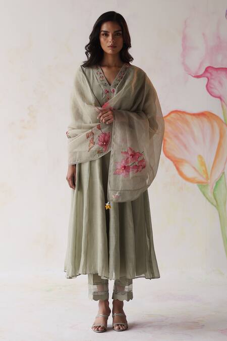 Begum_Green Silk, Cotton, Embroidery, Nargis Hand Kurta Pant Set_at_Aza_Fashions