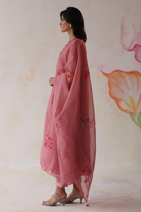 Begum_Peach Silk, Cotton, Beads, Embroidery Nargis Floral Kurta Set _Online_at_Aza_Fashions