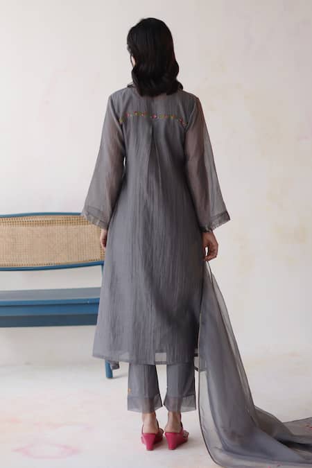 Shop_Begum_Grey Chanderi Silk, Cotton, Organza Embroidery, Nishat Floral Kurta Set _at_Aza_Fashions