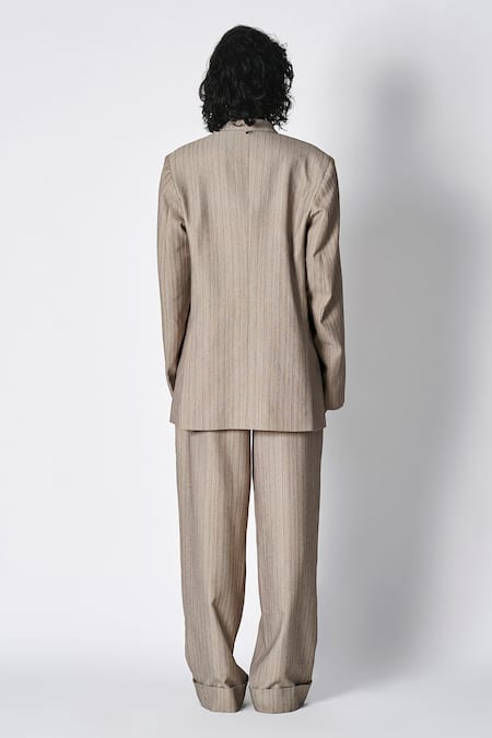 Shop 431-88 By Shweta Kapur Grey Satin Alex Stripe Pattern Lapel Collar Blazer at Aza Fashions Shop_431-88 By Shweta Kapur_Grey Satin Alex Stripe Pattern Lapel Collar Blazer _at_Aza_Fashions