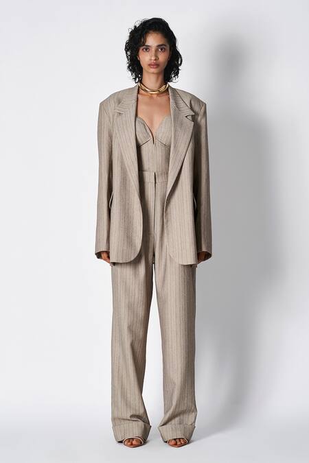 Buy 431-88 By Shweta Kapur Grey Satin Alex Stripe Pattern Lapel Collar Blazer Online at Aza Fashions Buy_431-88 By Shweta Kapur_Grey Satin Alex Stripe Pattern Lapel Collar Blazer _Online_at_Aza_Fashions