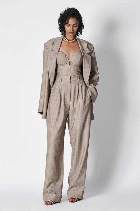 431-88 By Shweta Kapur Grey Wool, Satin Sweetheart Alex Stripe Pattern Lapel Collar Blazer Pant Set