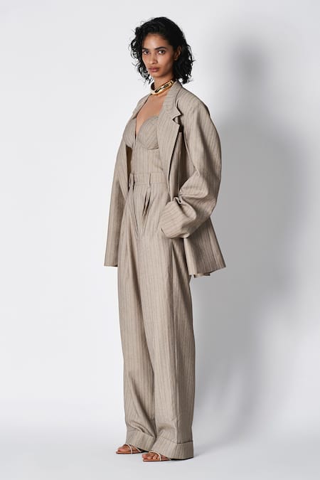 Shop_431-88 By Shweta Kapur_Grey Wool, Satin Sweetheart Alex Stripe Pattern Lapel Collar Blazer Pant Set_Online_at_Aza_Fashions