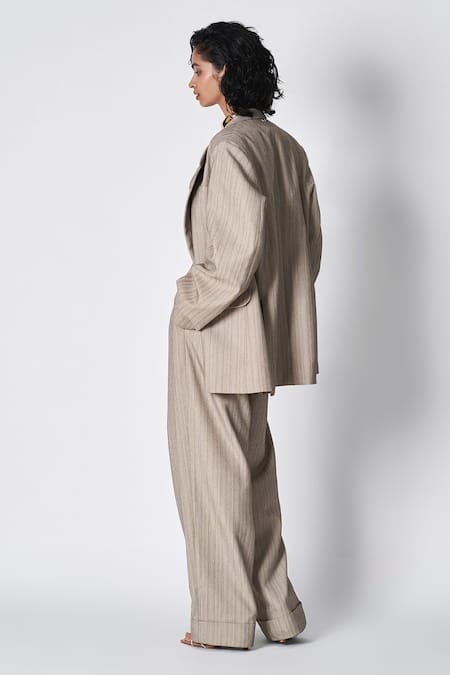 431-88 By Shweta Kapur_Grey Wool, Satin Sweetheart Alex Stripe Pattern Lapel Collar Blazer Pant Set_at_Aza_Fashions