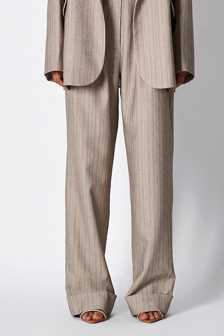 Buy_431-88 By Shweta Kapur_Grey Wool, Satin Sweetheart Alex Stripe Pattern Lapel Collar Blazer Pant Set