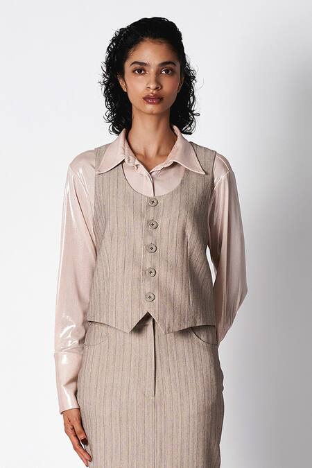 Buy 431-88 By Shweta Kapur Grey Suede V-neck Stripe Pattern Button Down Waistcoat Online at Aza Fashions Buy_431-88 By Shweta Kapur_Grey Suede V-neck Stripe Pattern Button Down Waistcoat _Online_at_Aza_Fashions