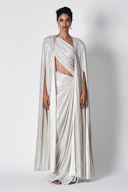 431-88 By Shweta Kapur White Linen Asymmetric Annie Liquid Jersey Saree Gown Online at Aza Fashions 431-88 By Shweta Kapur_White Linen Asymmetric Annie Liquid Jersey Saree Gown _Online_at_Aza_Fashions