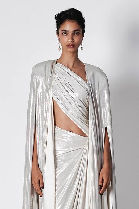 Buy 431-88 By Shweta Kapur White Linen Asymmetric Annie Liquid Jersey Saree Gown Online at Aza Fashions Buy_431-88 By Shweta Kapur_White Linen Asymmetric Annie Liquid Jersey Saree Gown _Online_at_Aza_Fashions