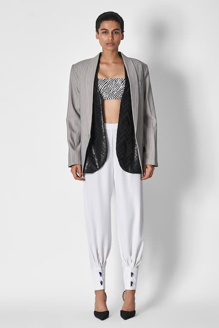 431-88 By Shweta Kapur Grey Shawl Collar Stripe Pattern Blazer 