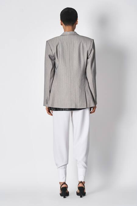 Shop 431-88 By Shweta Kapur Grey Shawl Collar Stripe Pattern Blazer at Aza Fashions Shop_431-88 By Shweta Kapur_Grey Shawl Collar Stripe Pattern Blazer _at_Aza_Fashions