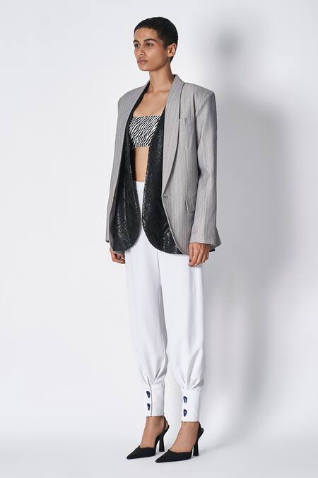 Buy 431-88 By Shweta Kapur Grey Shawl Collar Stripe Pattern Blazer Online at Aza Fashions Buy_431-88 By Shweta Kapur_Grey Shawl Collar Stripe Pattern Blazer _Online_at_Aza_Fashions