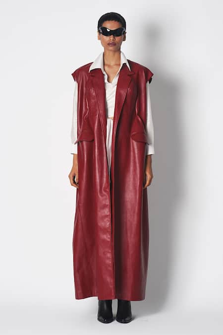 431-88 By Shweta Kapur Maroon Leather Collared Trench Coat 