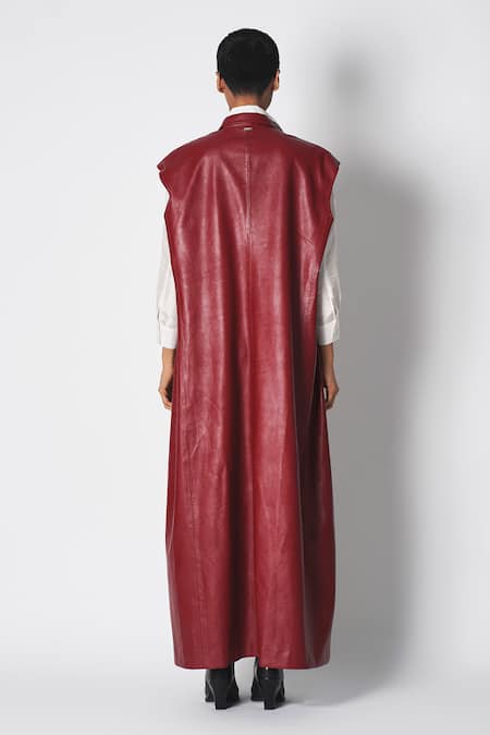 Shop 431-88 By Shweta Kapur Maroon Leather Collared Trench Coat at Aza Fashions Shop_431-88 By Shweta Kapur_Maroon Leather Collared Trench Coat _at_Aza_Fashions