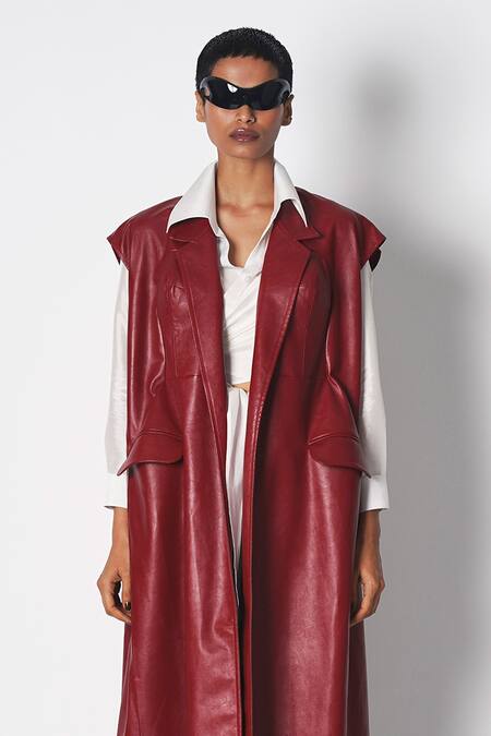 431-88 By Shweta Kapur Maroon Leather Collared Trench Coat Online at Aza Fashions 431-88 By Shweta Kapur_Maroon Leather Collared Trench Coat _Online_at_Aza_Fashions