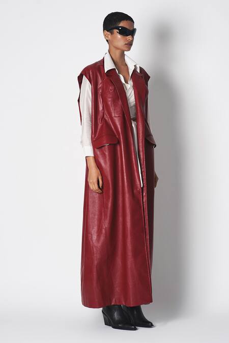 Buy 431-88 By Shweta Kapur Maroon Leather Collared Trench Coat Online at Aza Fashions Buy_431-88 By Shweta Kapur_Maroon Leather Collared Trench Coat _Online_at_Aza_Fashions