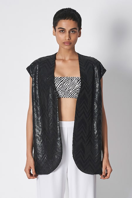 431-88 By Shweta Kapur Black Sequins Open Neck Chevron Patten Embroidered Waistcoat 