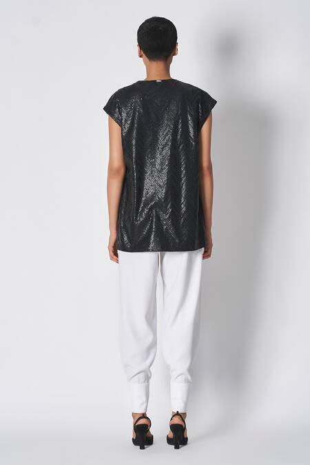 Shop 431-88 By Shweta Kapur Black Sequins Open Neck Chevron Patten Embroidered Waistcoat at Aza Fashions Shop_431-88 By Shweta Kapur_Black Sequins Open Neck Chevron Patten Embroidered Waistcoat _at_Aza_Fashions