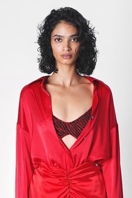 431-88 By Shweta Kapur Red Satin Collared Button Down Shirt 