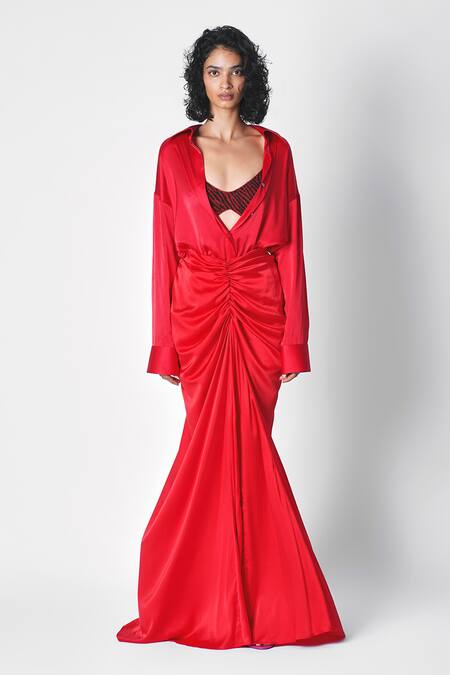 Shop 431-88 By Shweta Kapur Red Satin Collared Button Down Shirt at Aza Fashions Shop_431-88 By Shweta Kapur_Red Satin Collared Button Down Shirt _at_Aza_Fashions