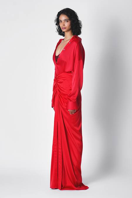 431-88 By Shweta Kapur Red Satin Collared Button Down Shirt Online at Aza Fashions 431-88 By Shweta Kapur_Red Satin Collared Button Down Shirt _Online_at_Aza_Fashions