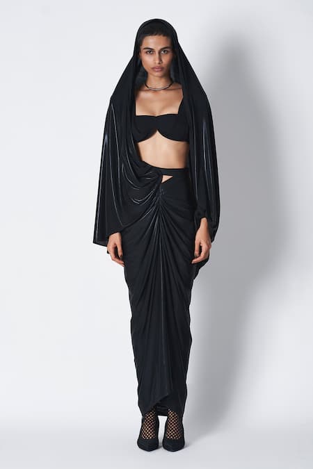 431-88 By Shweta Kapur_Black Microfiber Sweetheart Neck Fio Micropoly Curved Top _Online_at_Aza_Fashions