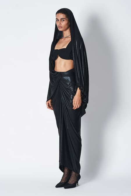 Buy_431-88 By Shweta Kapur_Black Microfiber Sweetheart Neck Fio Micropoly Curved Top _Online_at_Aza_Fashions