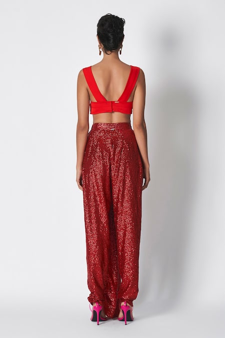 Shop 431-88 By Shweta Kapur Red Microfiber Sweetheart Neck Fio Pleated Top at Aza Fashions Shop_431-88 By Shweta Kapur_Red Microfiber Sweetheart Neck Fio Pleated Top _at_Aza_Fashions