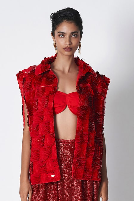 431-88 By Shweta Kapur Red Cotton Beads Open Neck String Embroidered Jacket 